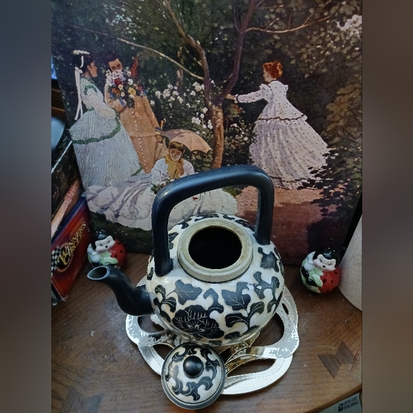 🫖Chinese Back&White Vintage Teapot 🍵 ☕️ RARE 1960's Asian Botanical Design.🫖 - Picture 3 of 14